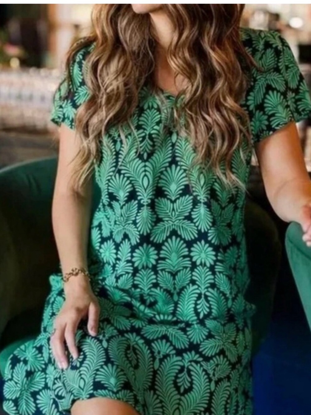 CAbi Palmette Green and Black Patterned Short Sleeve Dress